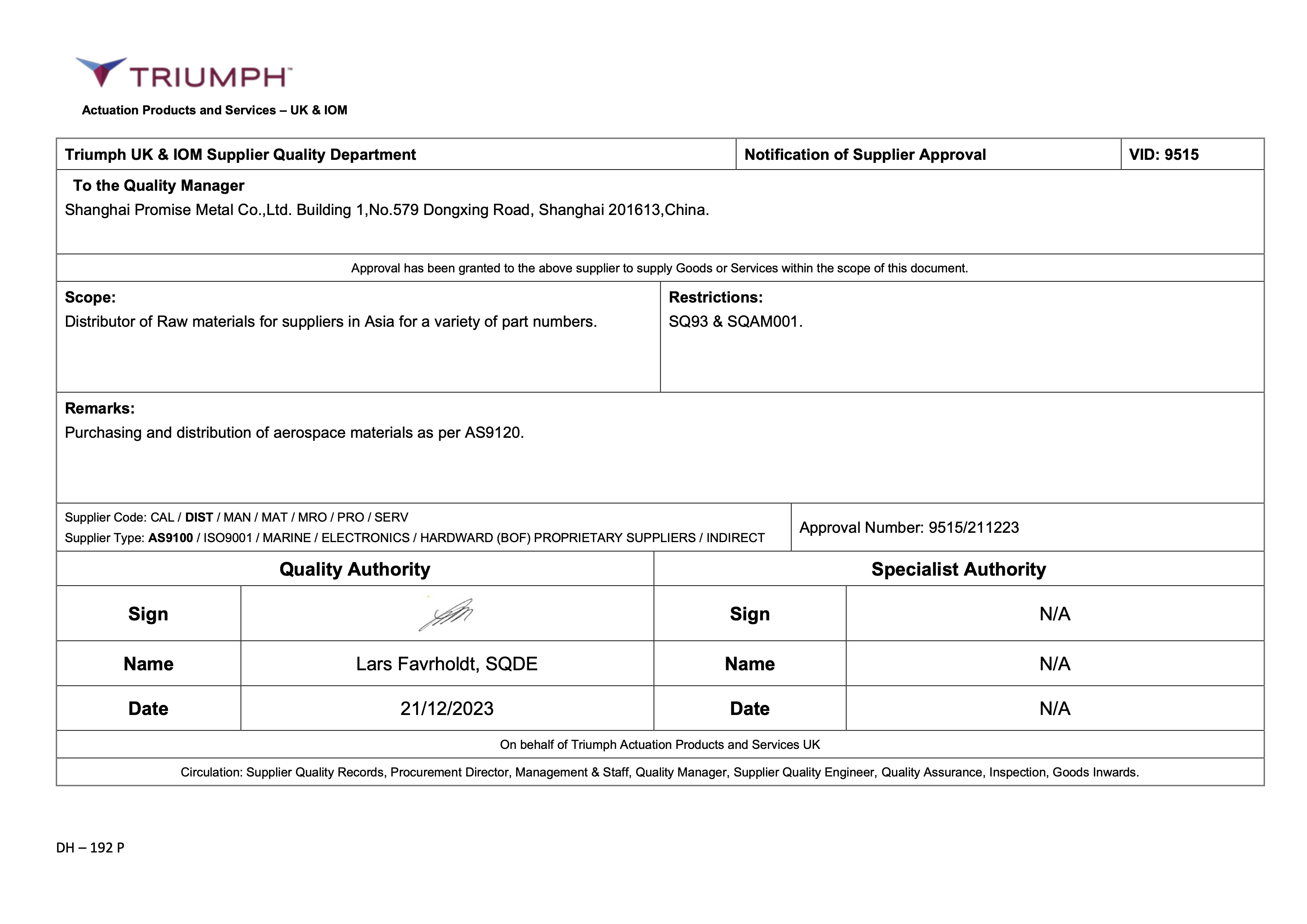 Triumph Supplier Approval